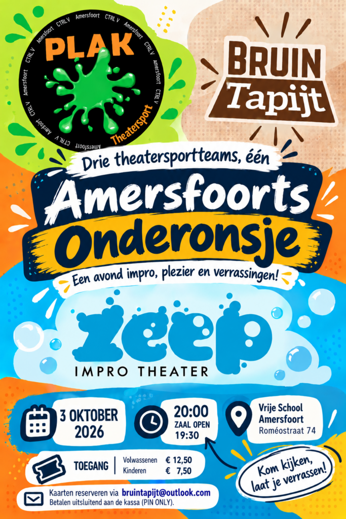 3 oktober speelt Zeep een Amersfoorts Onderonsje tegen PLAK en Bruin Tapijt. Komt dat zien! Kaarten via bruintapijt@outlook.com